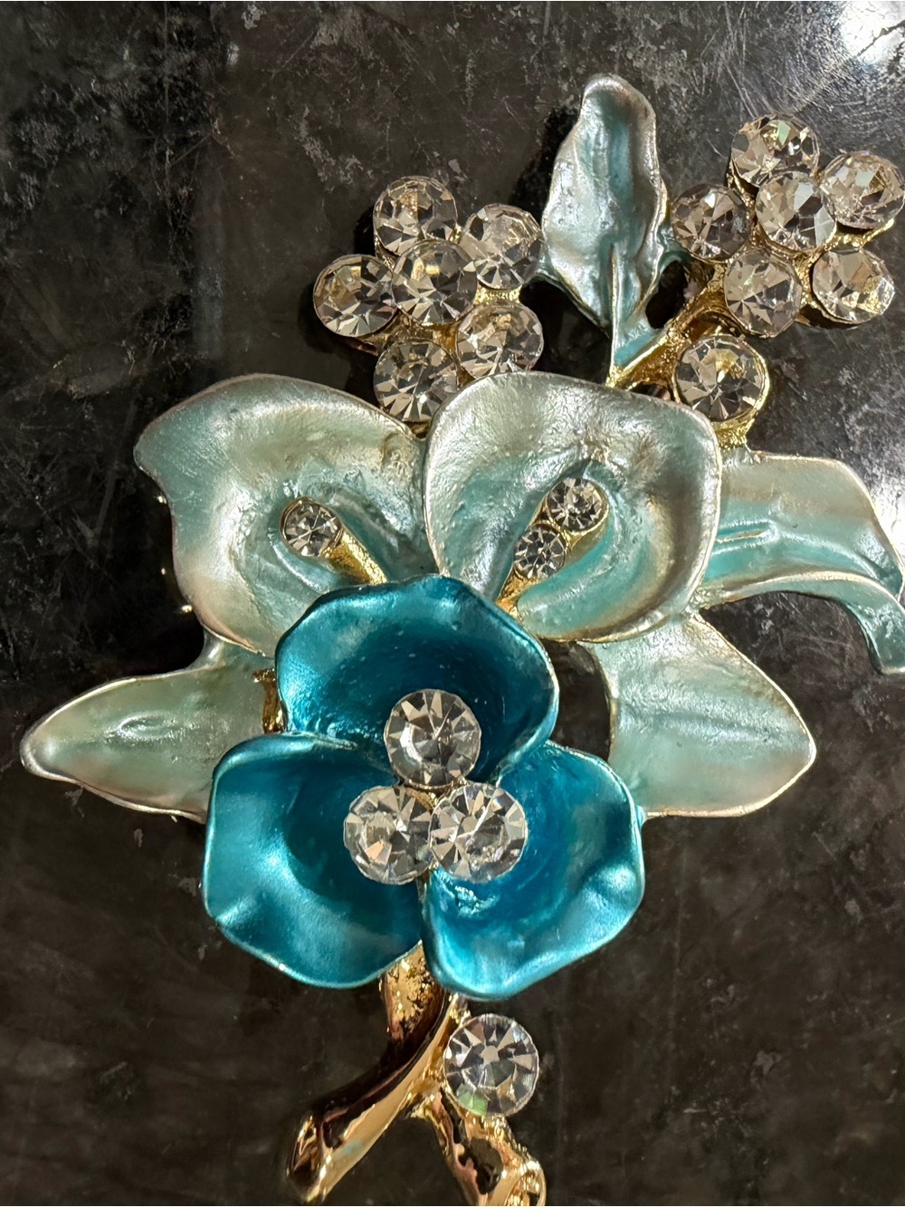 Blue Teal Floral Crystal Brooch